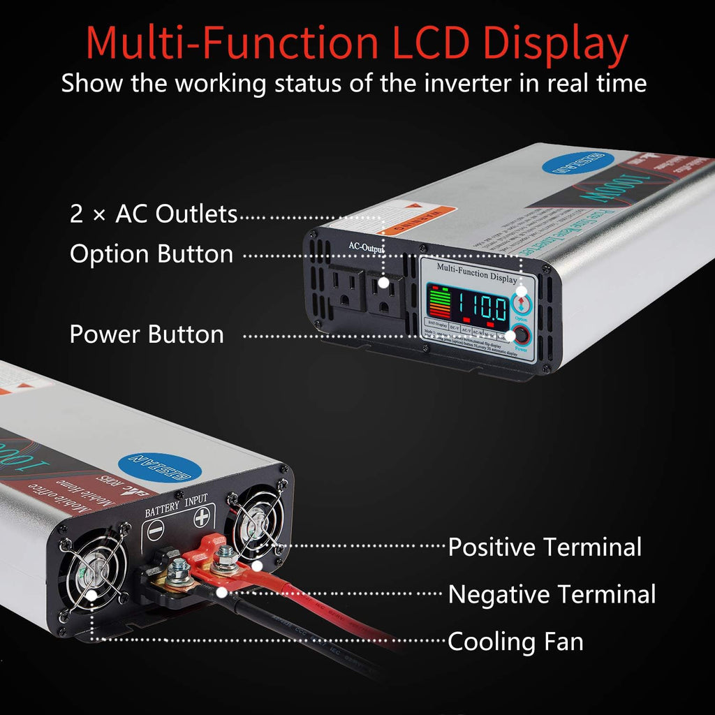 1000W Pure Sine Wave Power Inverter 12V DC to 110V AC with LCD Display 2 AC Outlets E745684