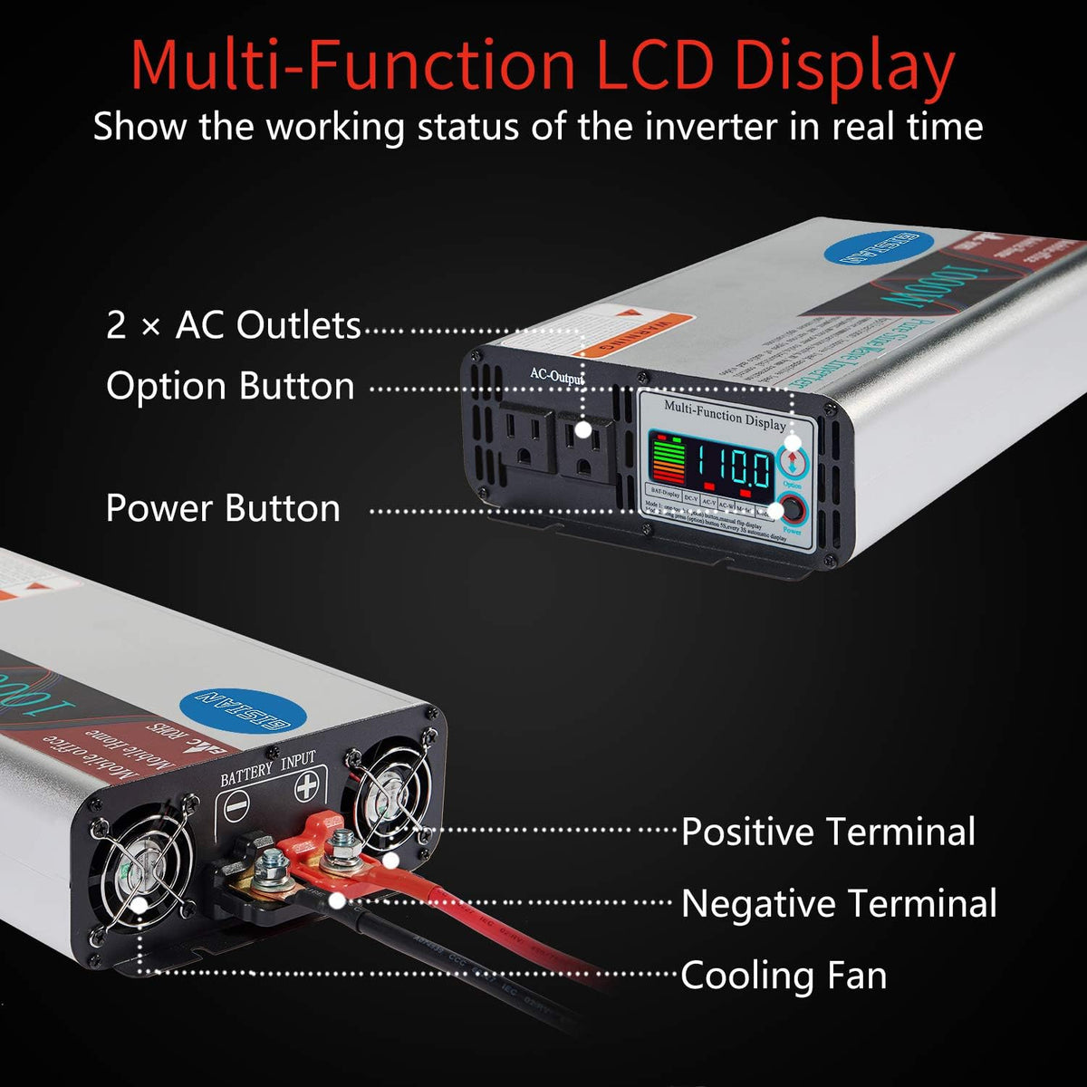 1000W Pure Sine Wave Power Inverter 12V DC to 110V AC with LCD Display 2 AC Outlets E745684