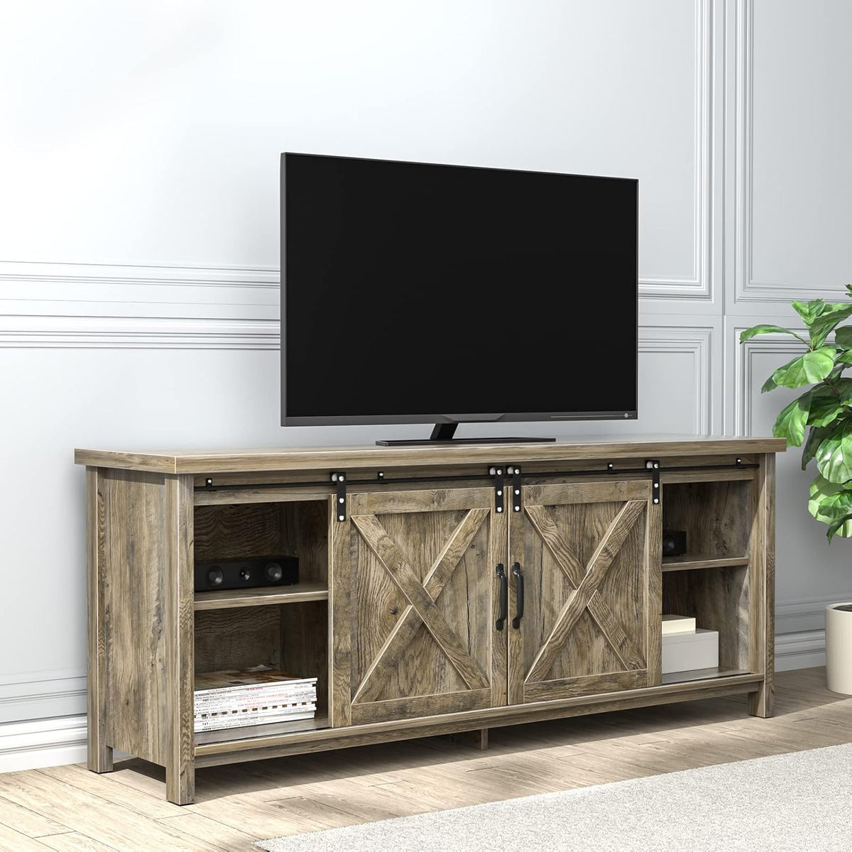 Farmhouse TV Stand with Sliding Barn Door and Storage Cabinet C13828