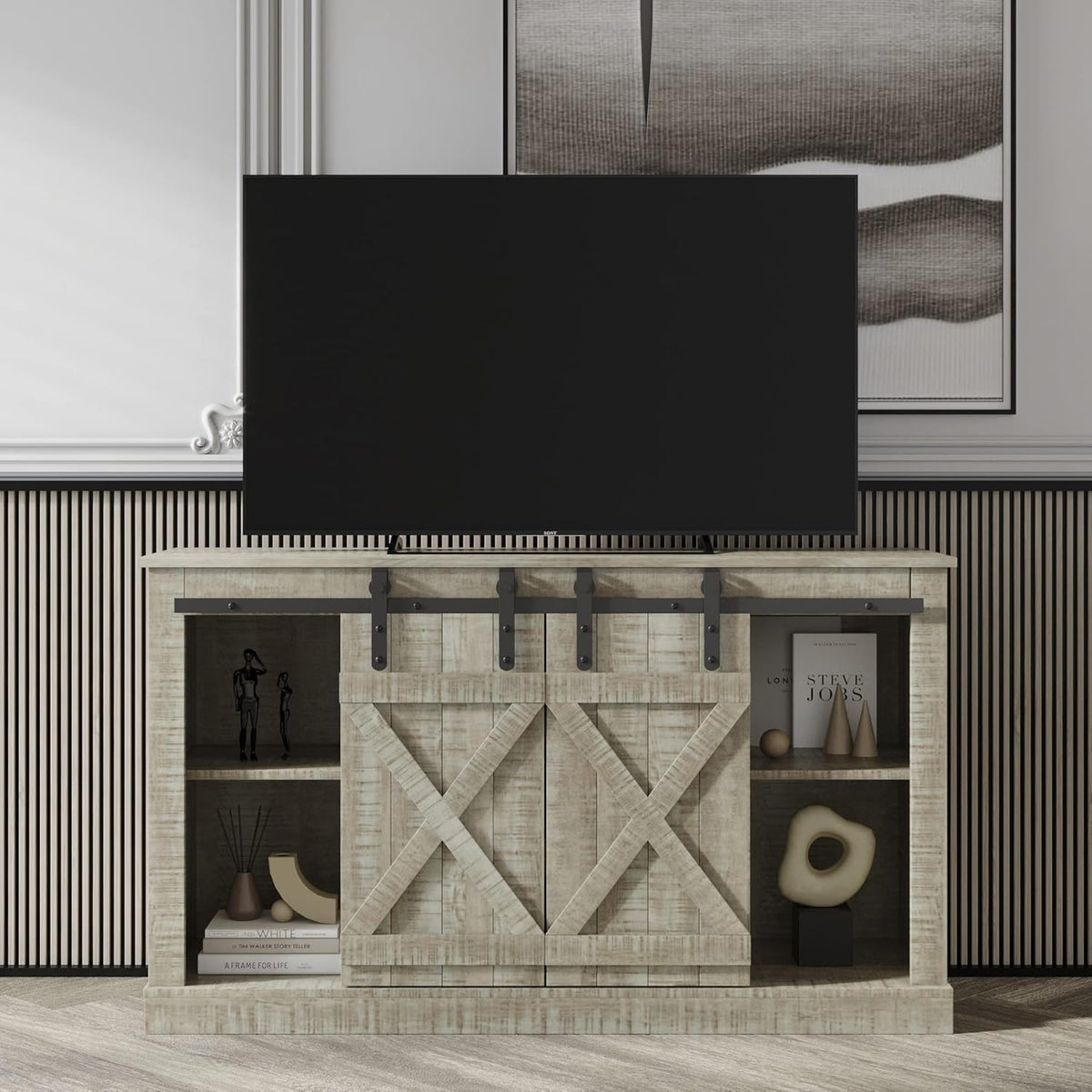 Farmhouse TV Stand with Sliding Barn Door and Storage Cabinet C13828
