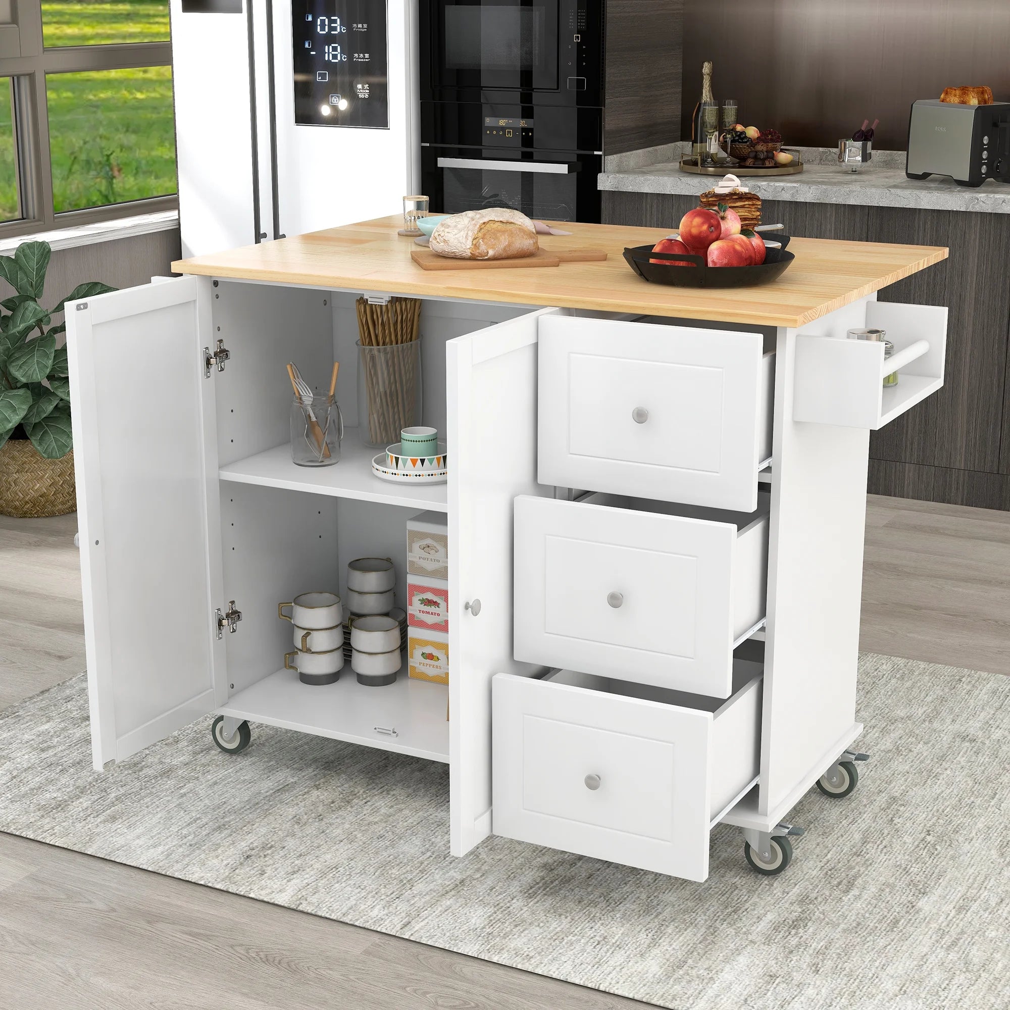 White Dining Island Cart with 2 Lockable Wheels and Drop-Leaf Tabletop G151611