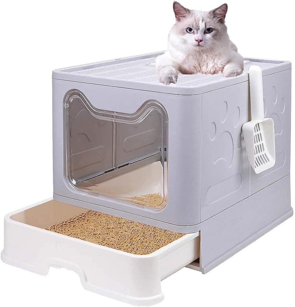 Large Cat Litter Box with Lid, Drawer Type Cat Litter Pan P81077