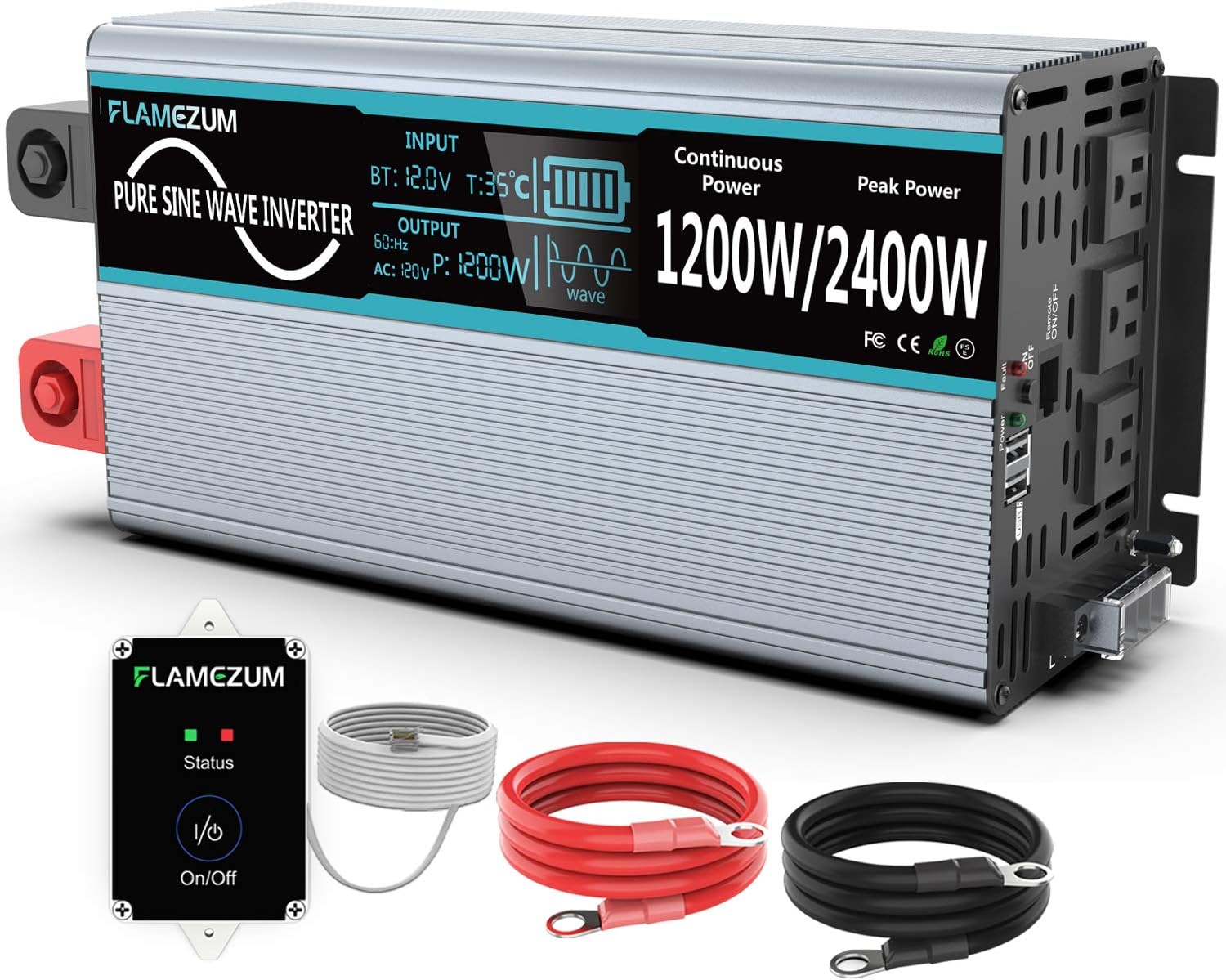 Power Inverter Pure Sine Wave 1200 Watt 12V DC to 110V AC Converter with 2 USB Port L636355