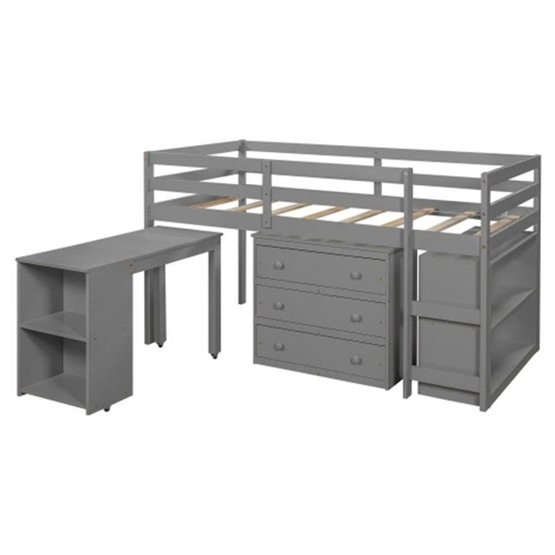 Gray Twin Size Wooden Loft Bed with Rolling Desk and Cabinet C59307