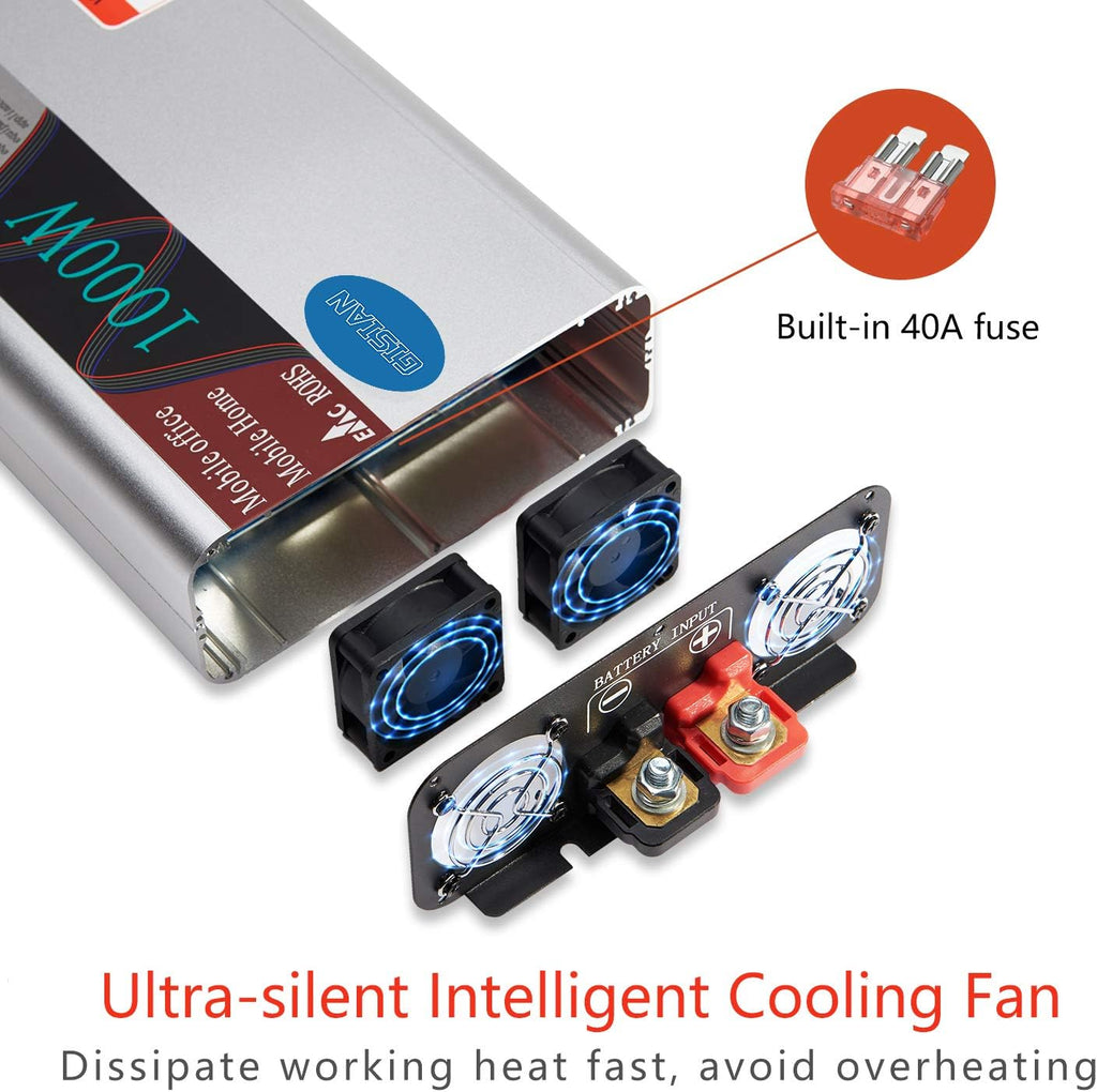 1000W Pure Sine Wave Power Inverter 12V DC to 110V AC with LCD Display 2 AC Outlets E745684