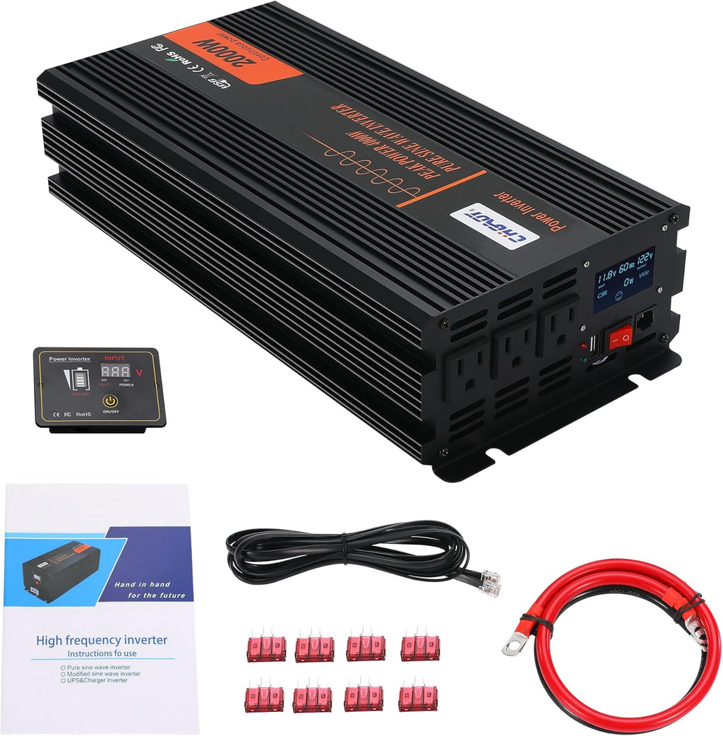 2000W Pure Sine Wave Power Inverter DC 12V to AC 120V with LCD Display Remote Control USB Port C3086
