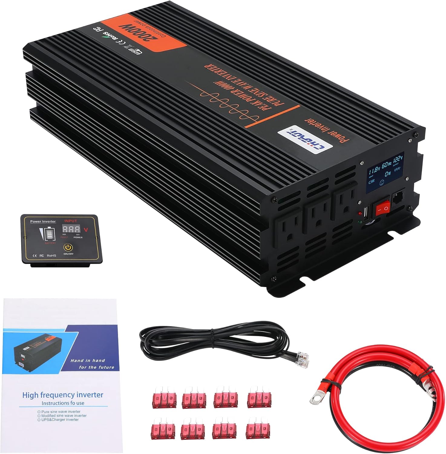 2000W Pure Sine Wave Power Inverter DC 12V to AC 120V with LCD Display Remote Control USB Port C3086