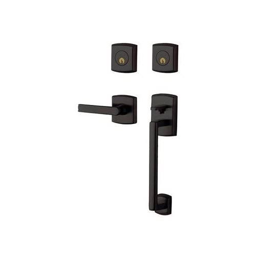 Satin Brass & Black Double Cylinder Handleset with Lever E713623
