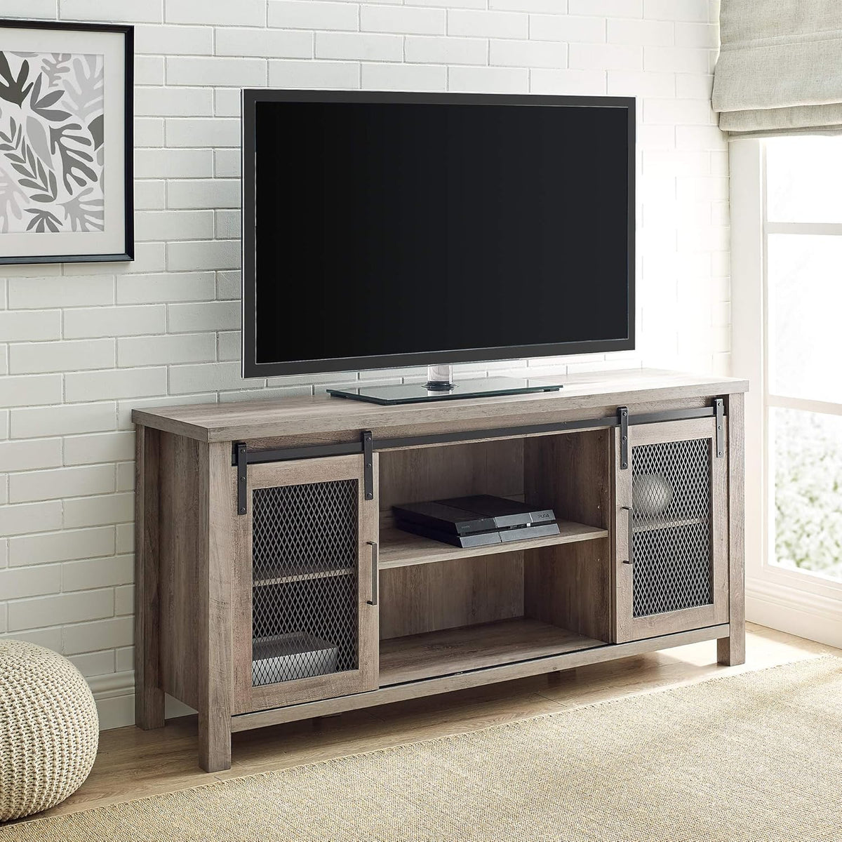 Rustic Oak Sliding Barn Door TV Stand Storage Cabinet T694