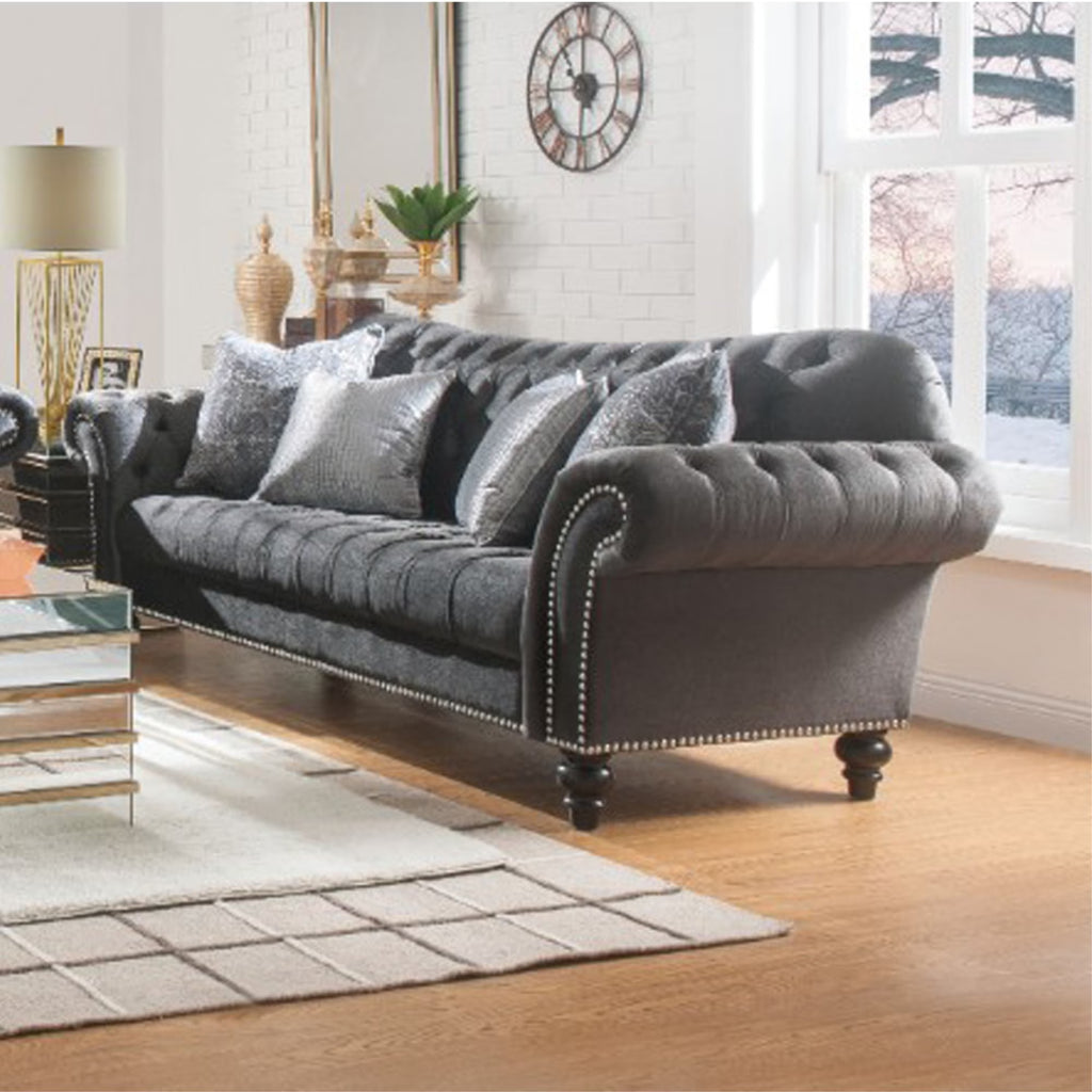 Dark Gray Button Tufted Fabric Sofa with Four Pillows D19394