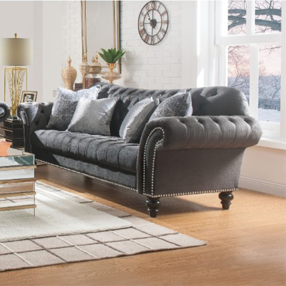 Dark Gray Button Tufted Fabric Sofa with Four Pillows D19394