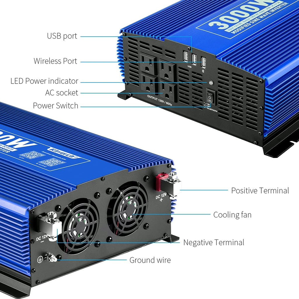 3000W Power Inverter DC12V to 110V AC Car Inverter with 4AC Outlets 2USB Port E6688