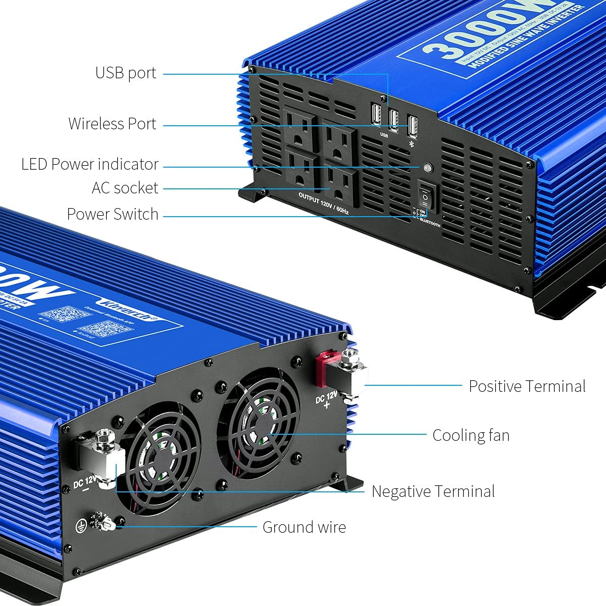3000W Power Inverter DC12V to 110V AC Car Inverter with 4AC Outlets 2USB Port E6688