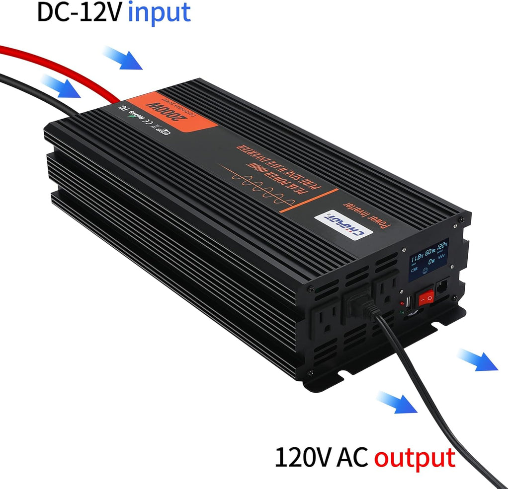 2000W Pure Sine Wave Power Inverter DC 12V to AC 120V with LCD Display Remote Control USB Port C3086