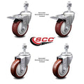 4 inch Maroon Polyurethane Swivel Stem Caster Set with Lock Brake X79188