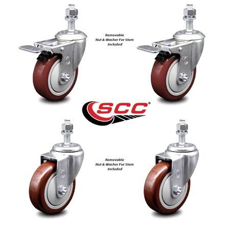 4 inch Maroon Polyurethane Swivel Stem Caster Set with Lock Brake X79188