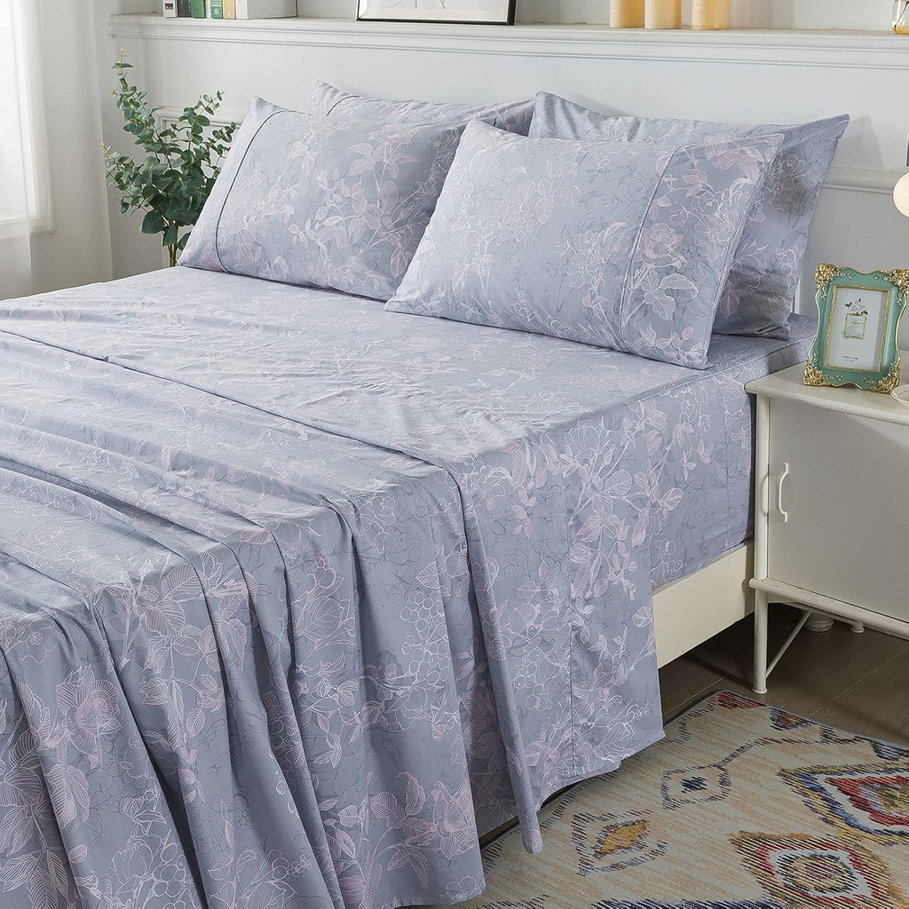 White Printed Cotton Bed Sheets, 4 Pcs, Full D211385
