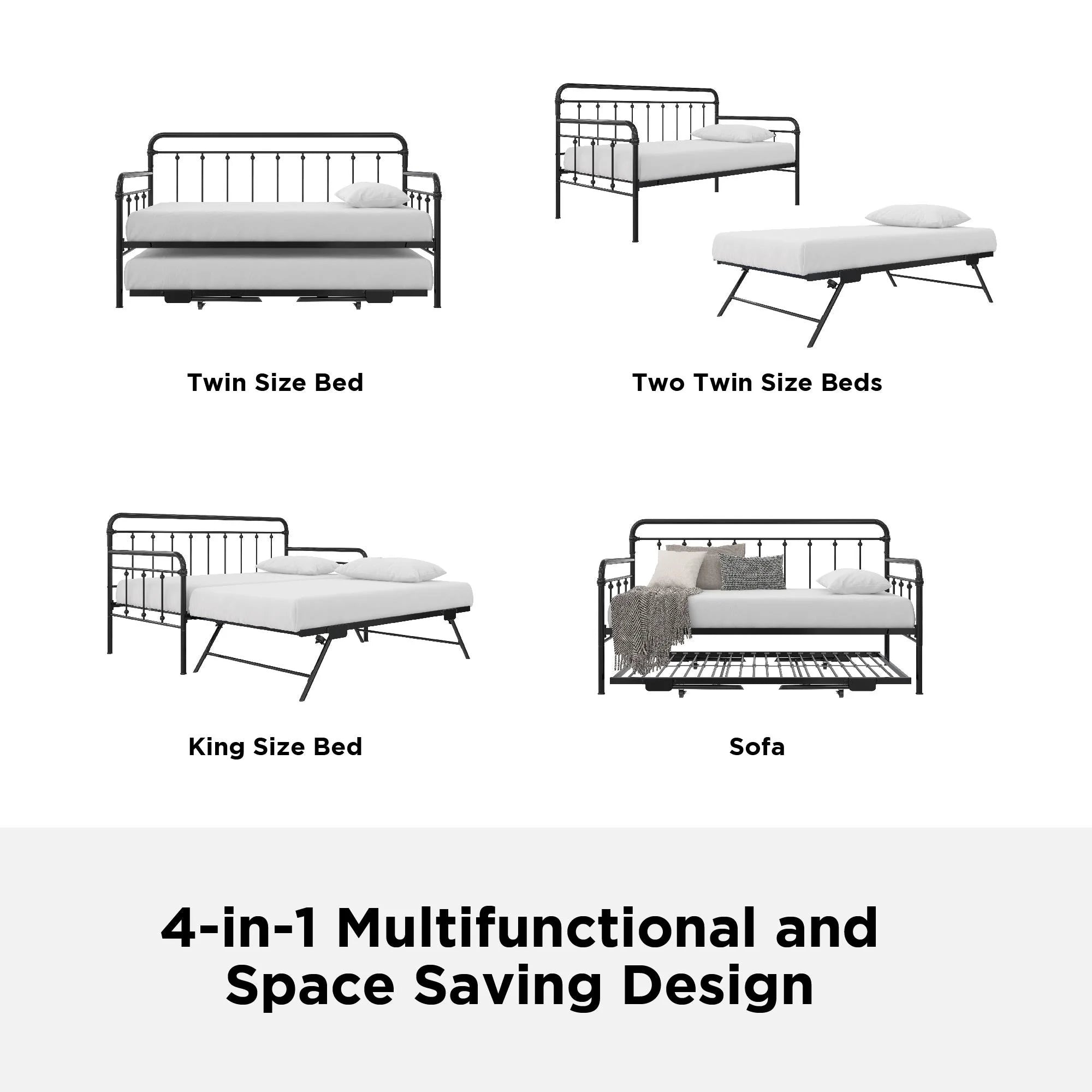 Twin Black Metal Daybed with Pop Up Trundle Bed A734