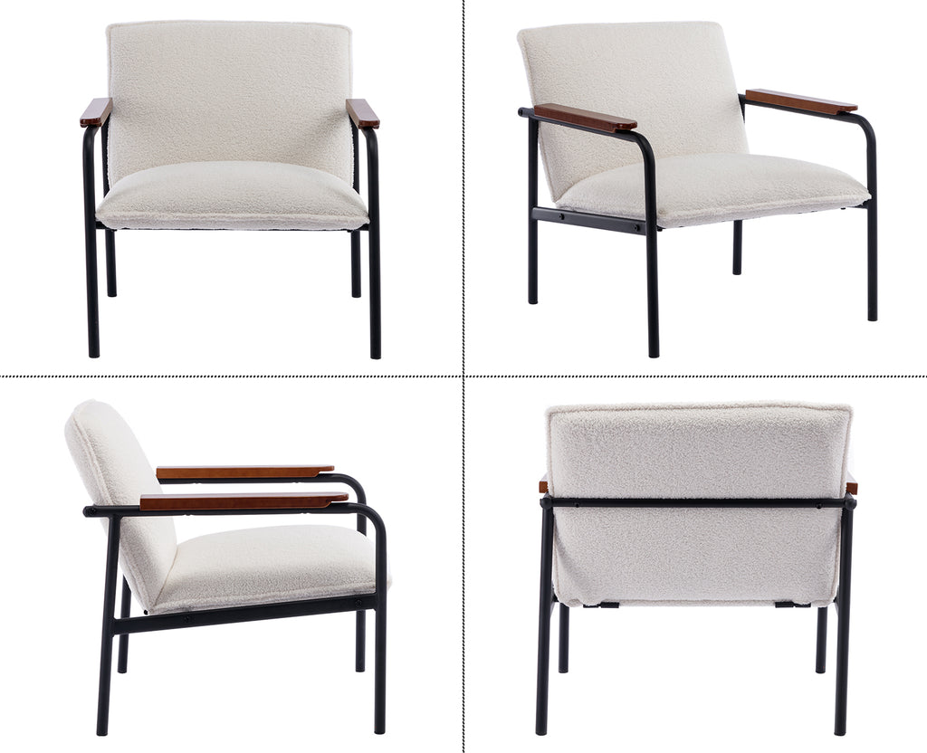 White Sherpa Armchair with Wooden Armrests and Metal Legs A526070