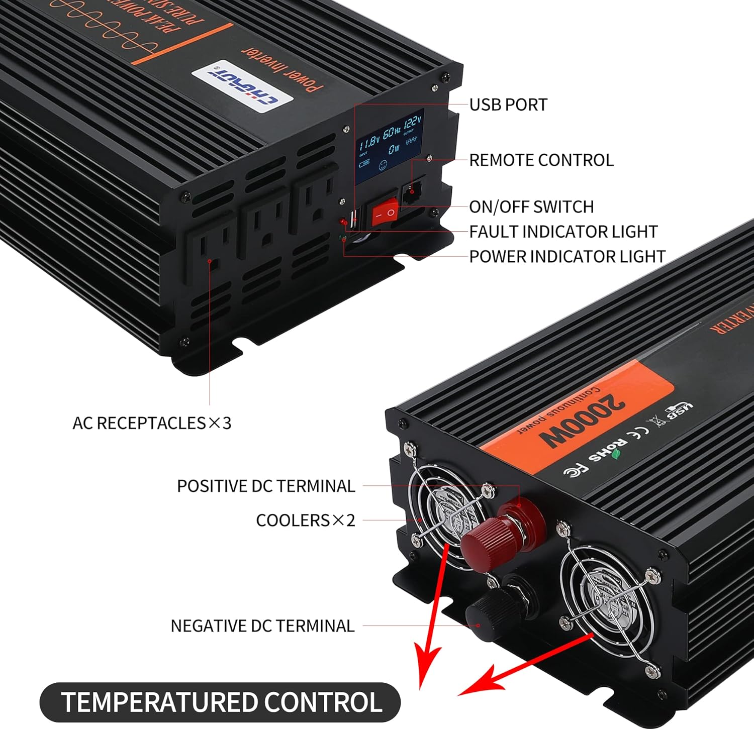 2000W Pure Sine Wave Power Inverter DC 12V to AC 120V with LCD Display Remote Control USB Port C3086