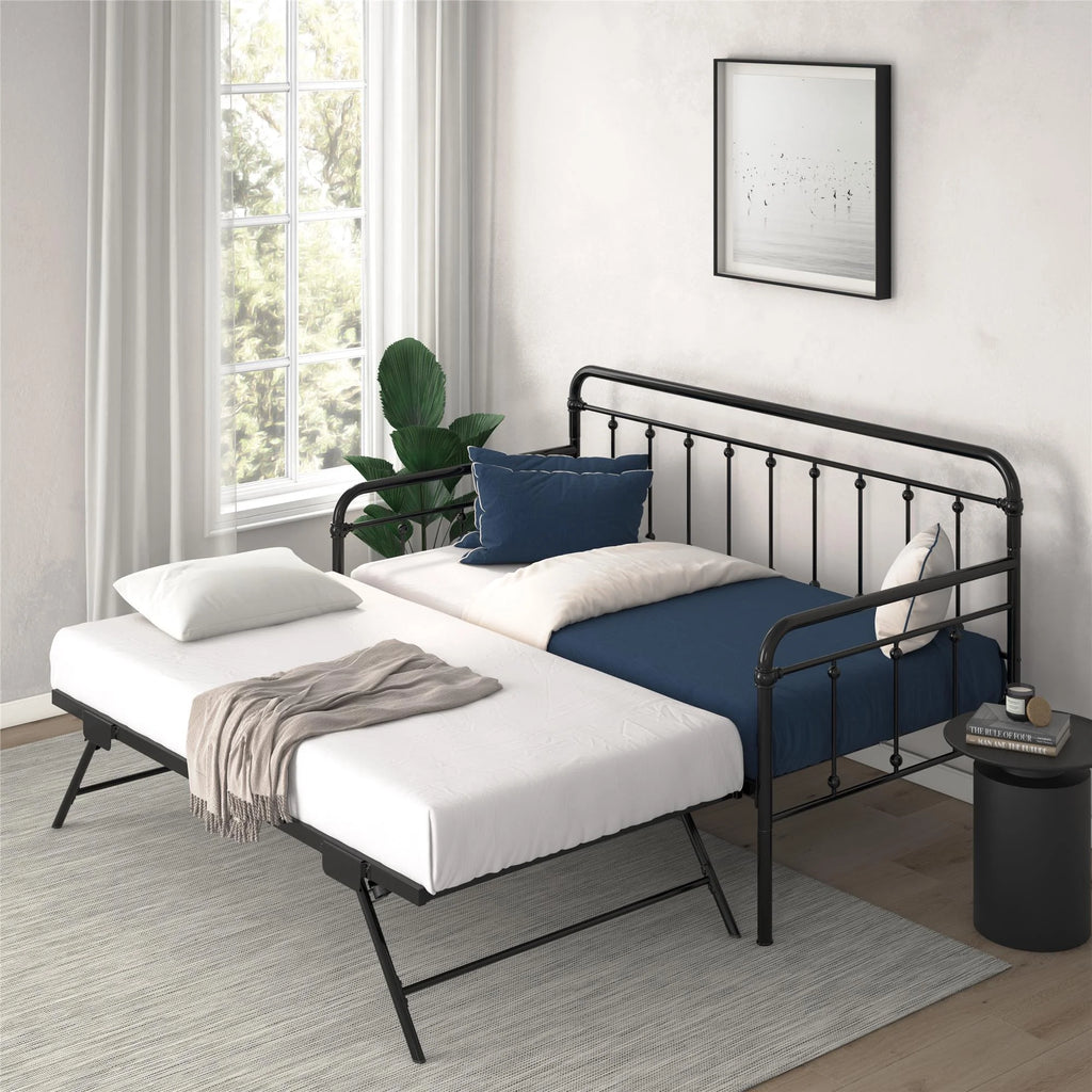 Twin Black Metal Daybed with Pop Up Trundle Bed A734