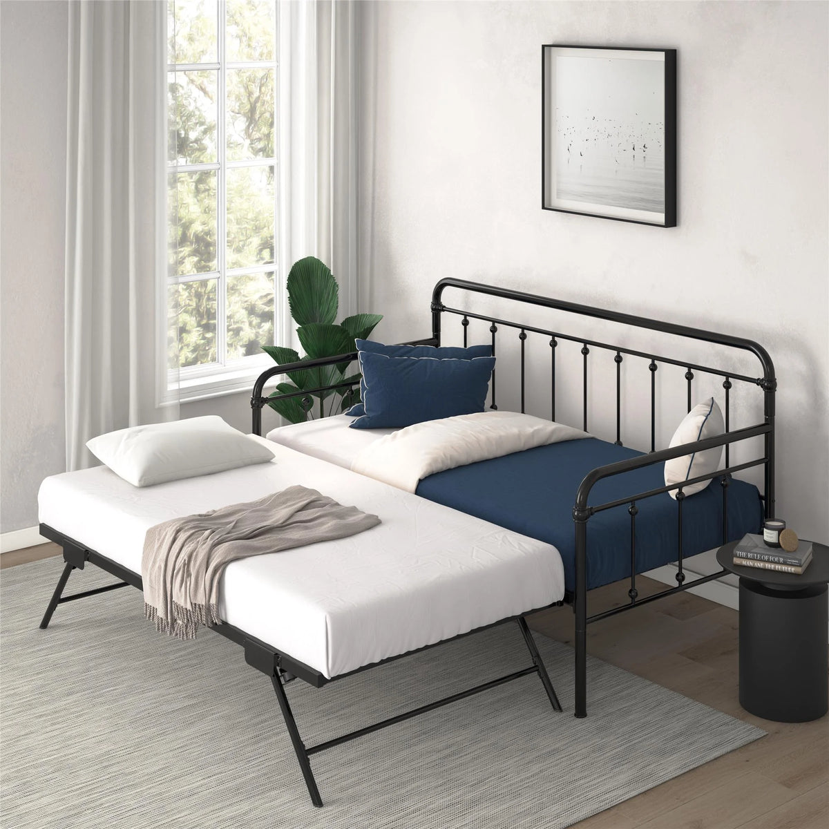 Twin Black Metal Daybed with Pop Up Trundle Bed A734