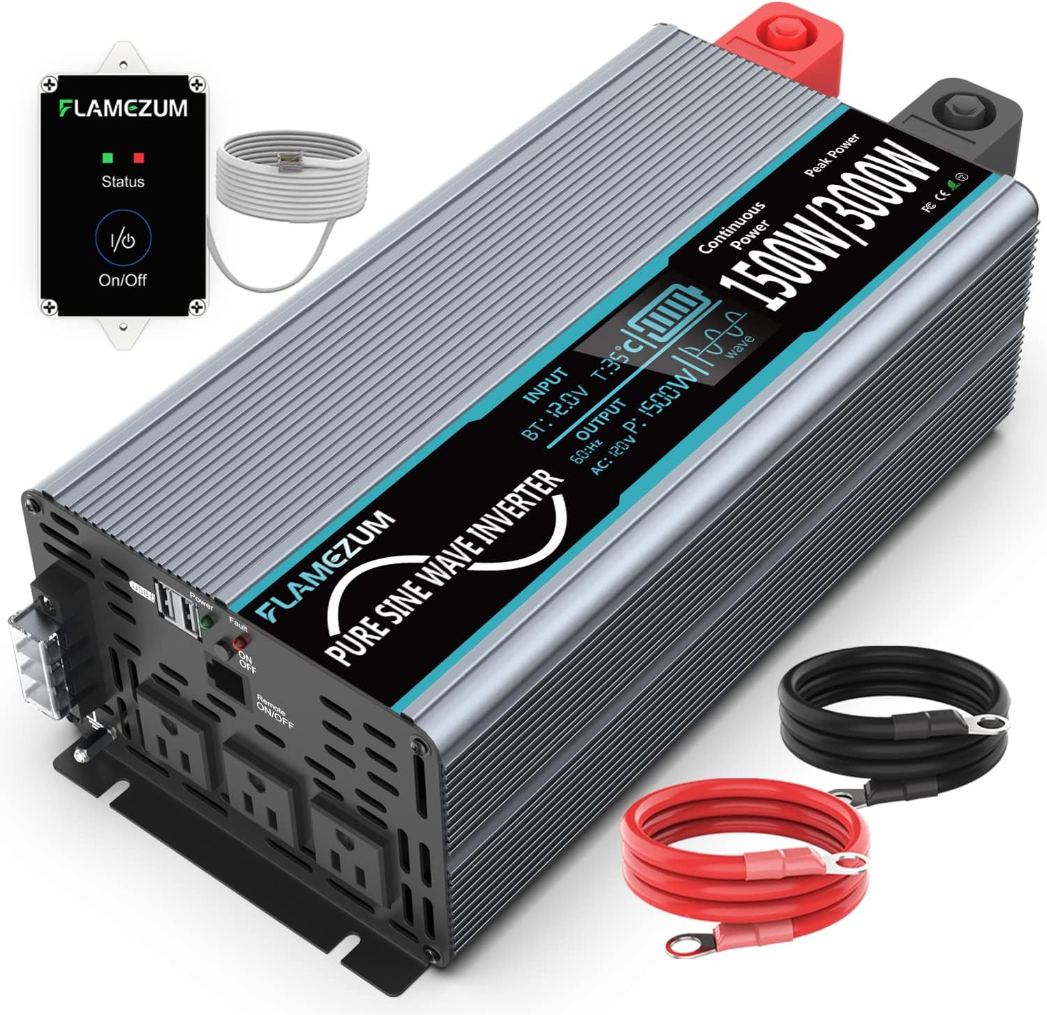 Power Inverter Pure Sine Wave 1200 Watt 12V DC to 110V AC Converter with 2 USB Port L636355