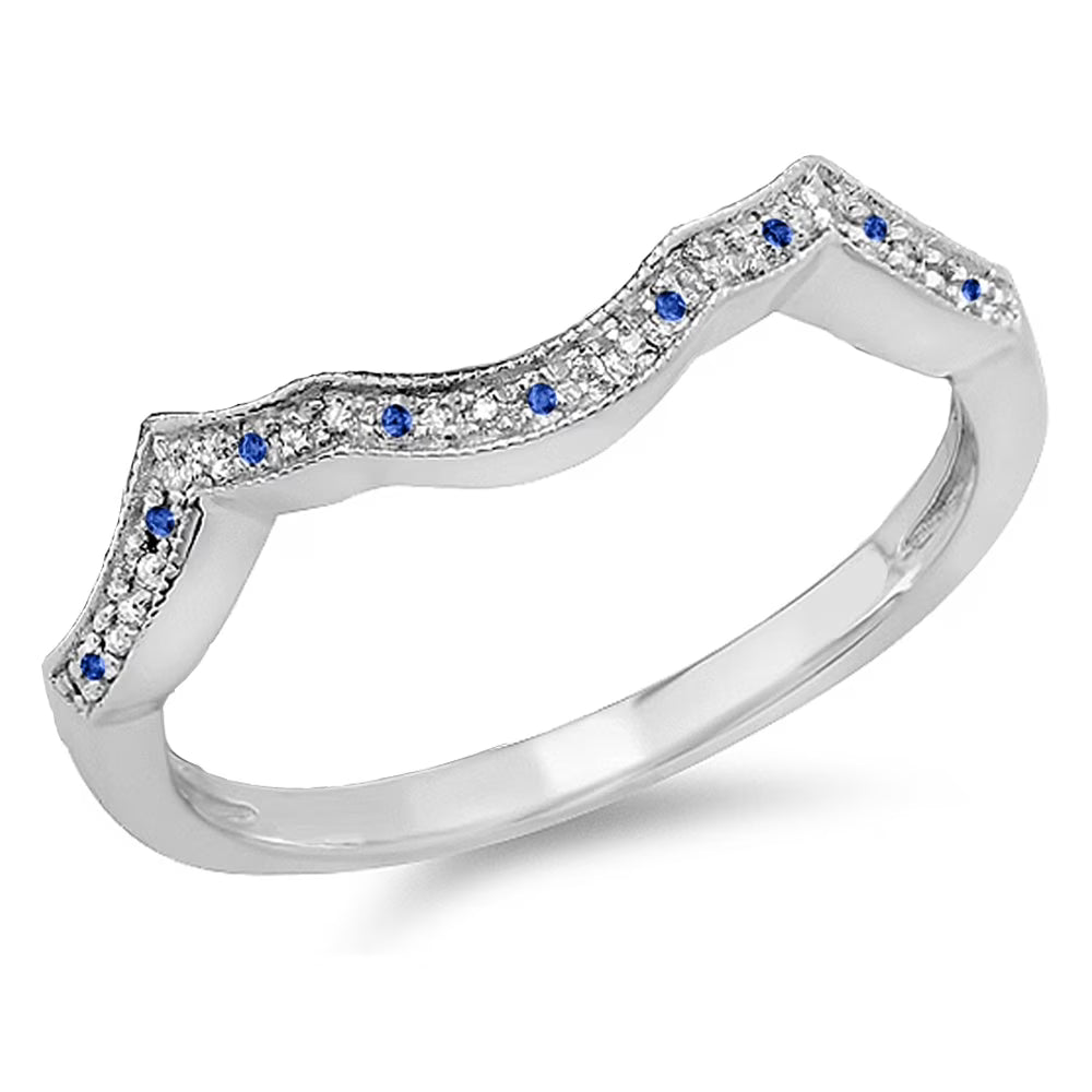 14K White Gold Blue Sapphire & White Diamond Wedding Band A4389