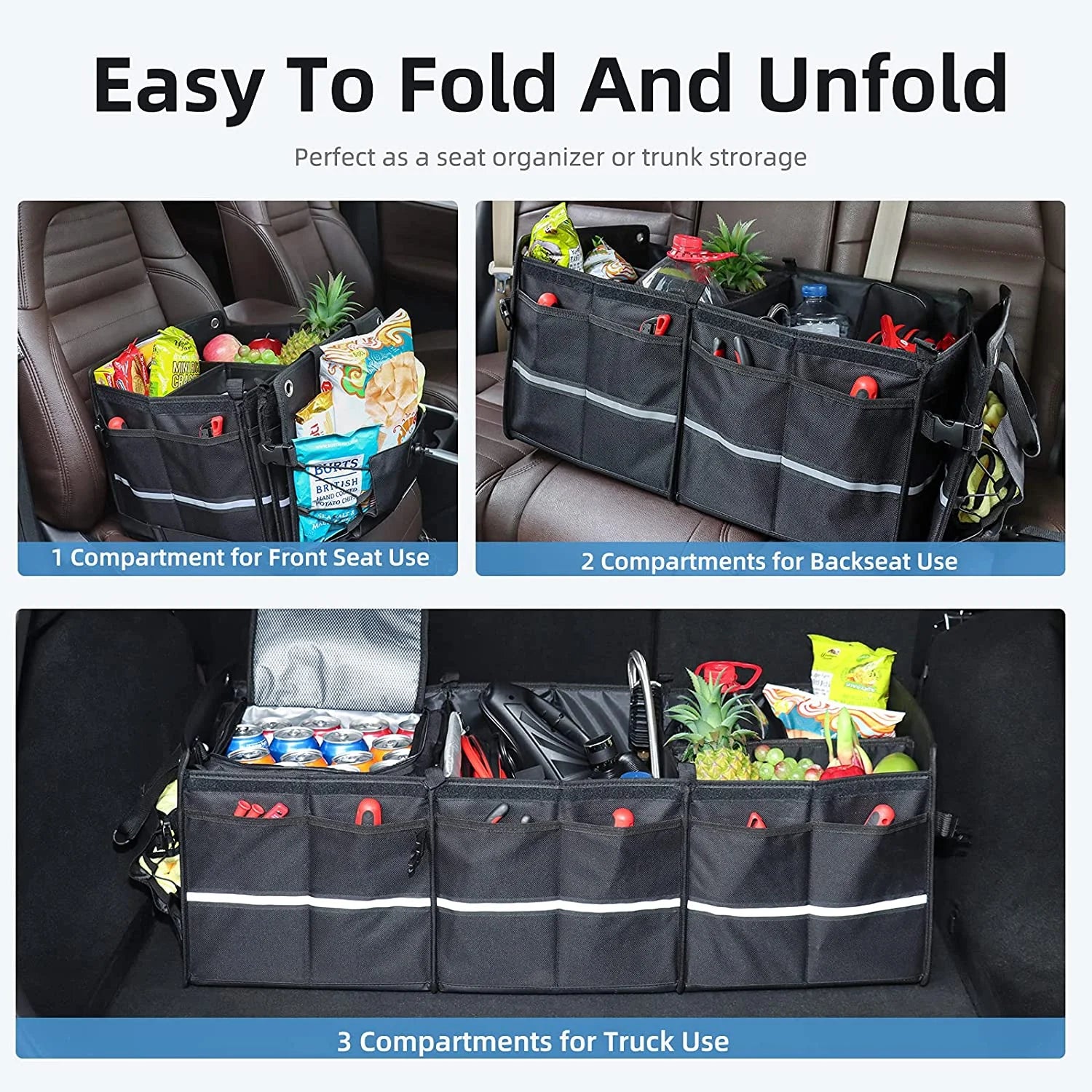 Black Collapsible Car Trunk Organizer with Cooler Bag V51195
