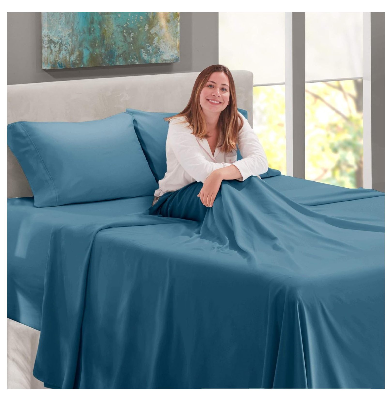 Blue Extra Deep Pocket Queen 4 Piece Sheet Set W4183