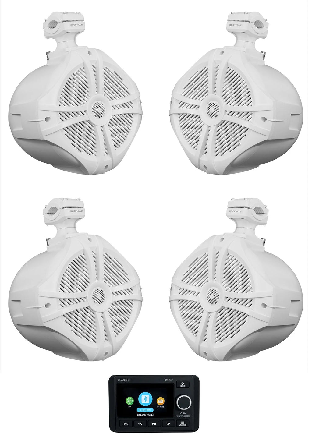2-Zone Marine Bluetooth Receiver with 4 White 8" Wakeboard Speakers O5471