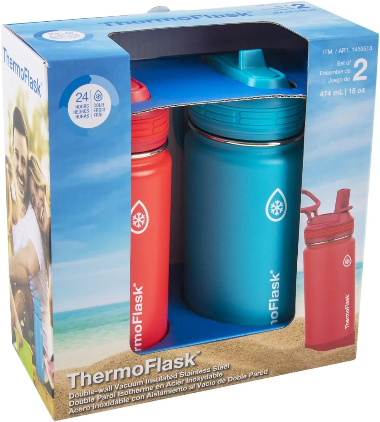 16 Ounce Stainless Steel Water Bottles 2-Pack, Red/Blue O488