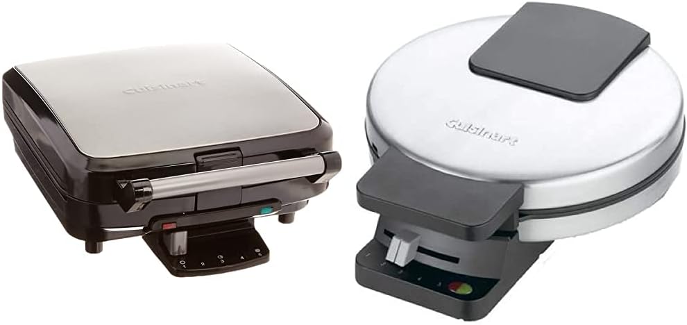 Cuisinart WAF-150 4-Slice Belgian Maker Waffle Iron, Single, Silver & WMR-CA Round Classic Waffle Maker, Silver, 1 C162898
