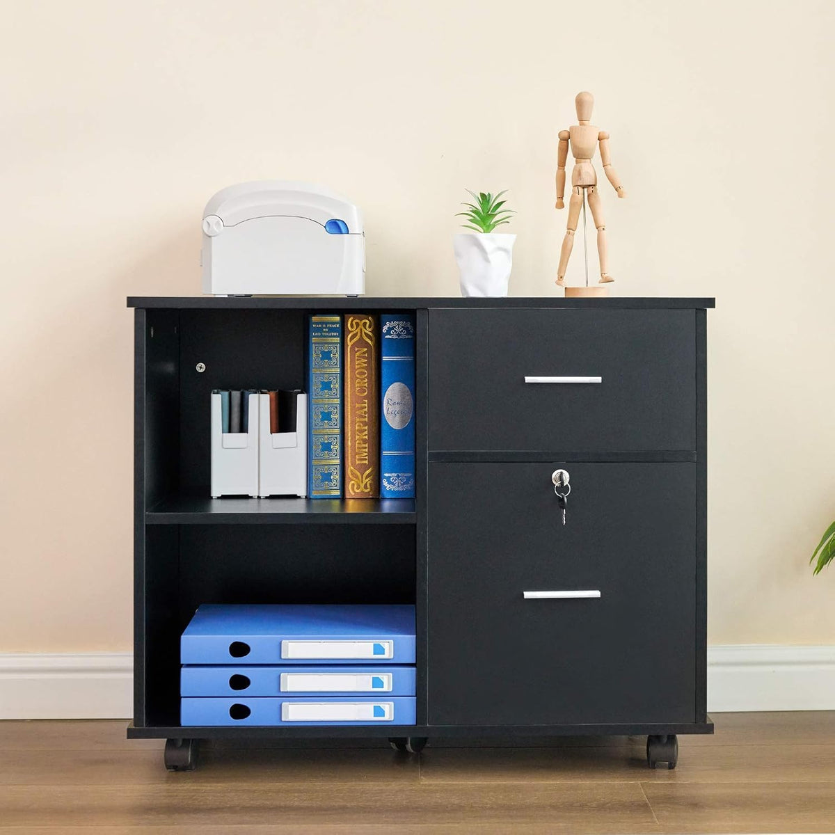 L Shaped Desk and File Cabinet with Open Storage Shelf B6004