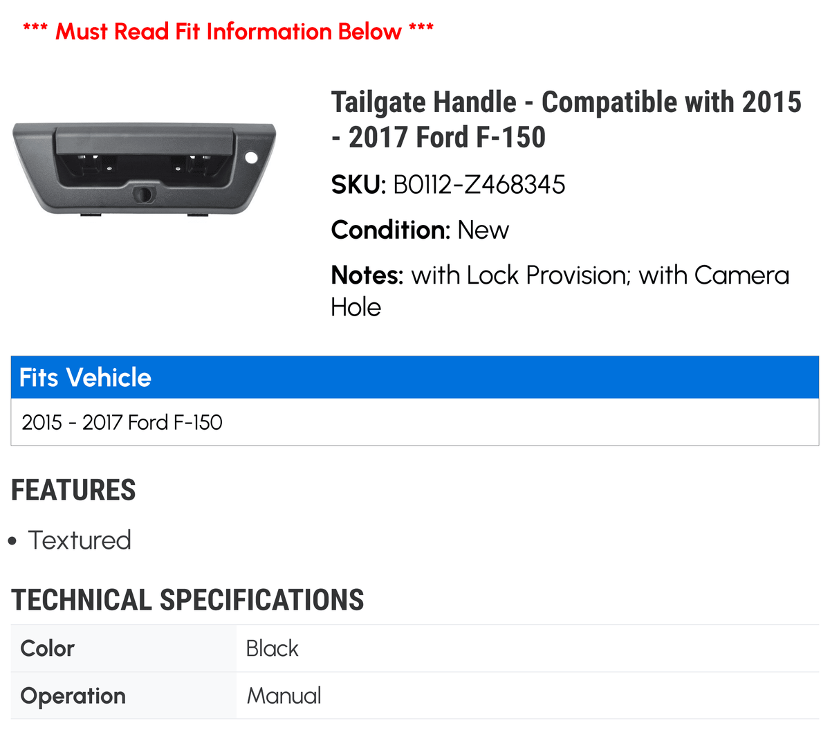 Tailgate Handle Compatible with 2015-2017 Ford F-150 X52065