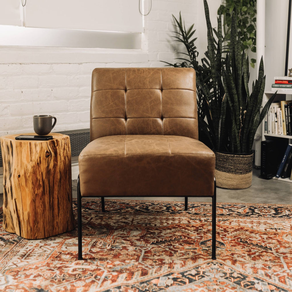 Walnut Faux Leather Armless Accent Chair O104